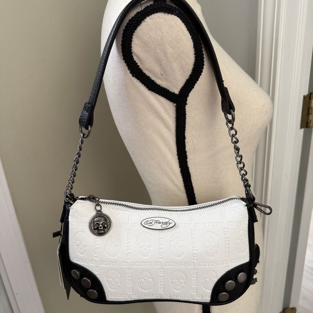 ED HARDY White Skull Embossed Shoulder Crossbody Bag with Gothic Charms